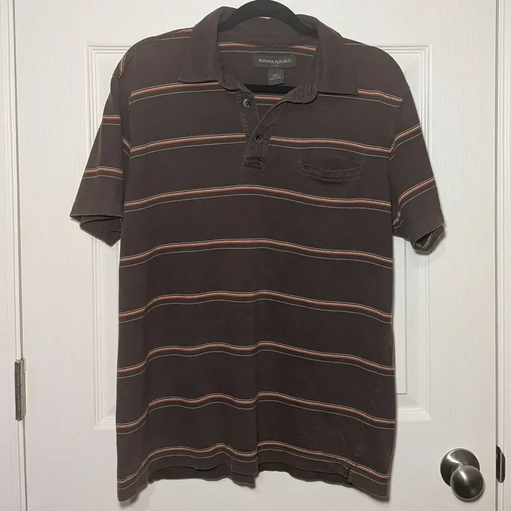 Banana Republic Mens Large Brown Striped Short Sleeve Polo Shirt Cotton Casual